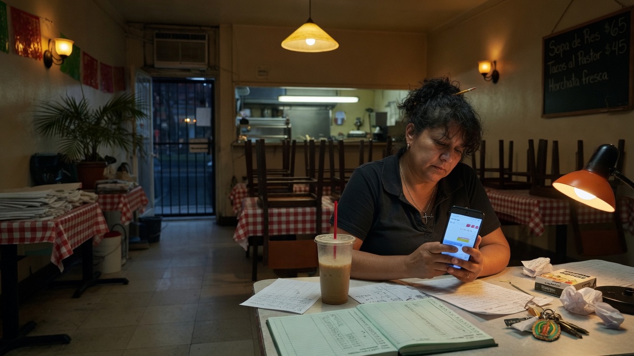 Dueño revisando las ventas del día en el celular, con el salón ya cerrado
